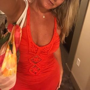 Coral crocheted plunging neckline maxi dress